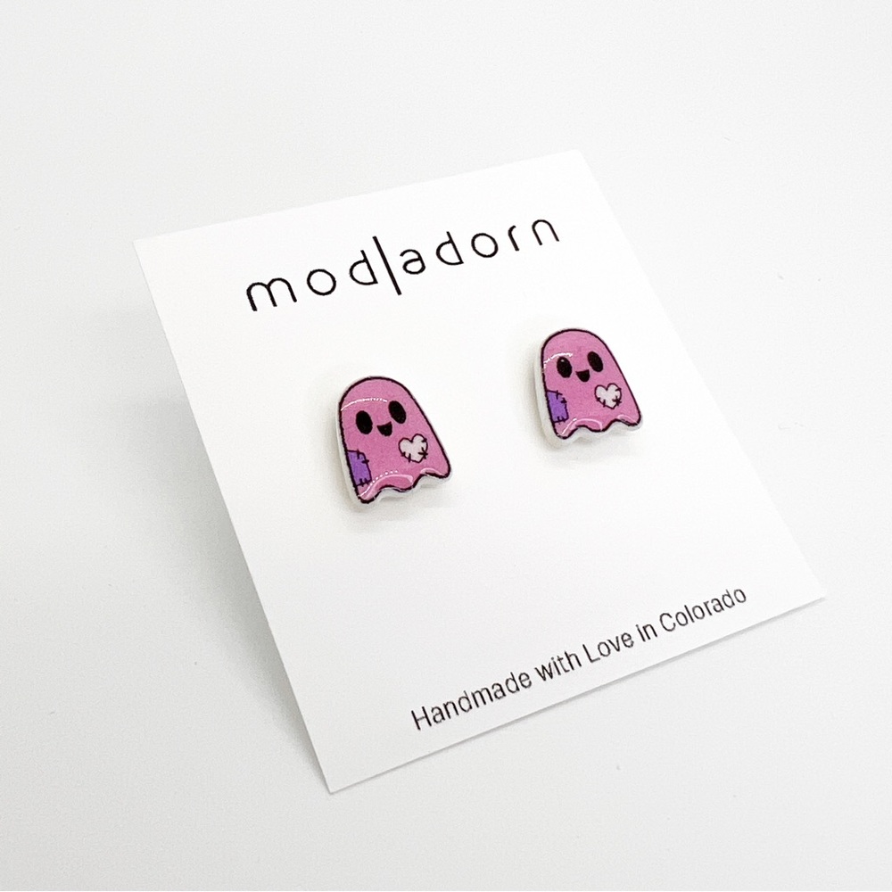 Handmade Cute Pink Ghost Stud Earrings For Halloween Fall Season Women Kids Gift